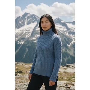 GANT Cable Knit Turtleneck Sweater Lambswool Cashmere Silk Blue Women's XS